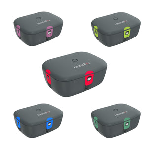Five gray 'HeatsBox' containers with colored flaps on a white background